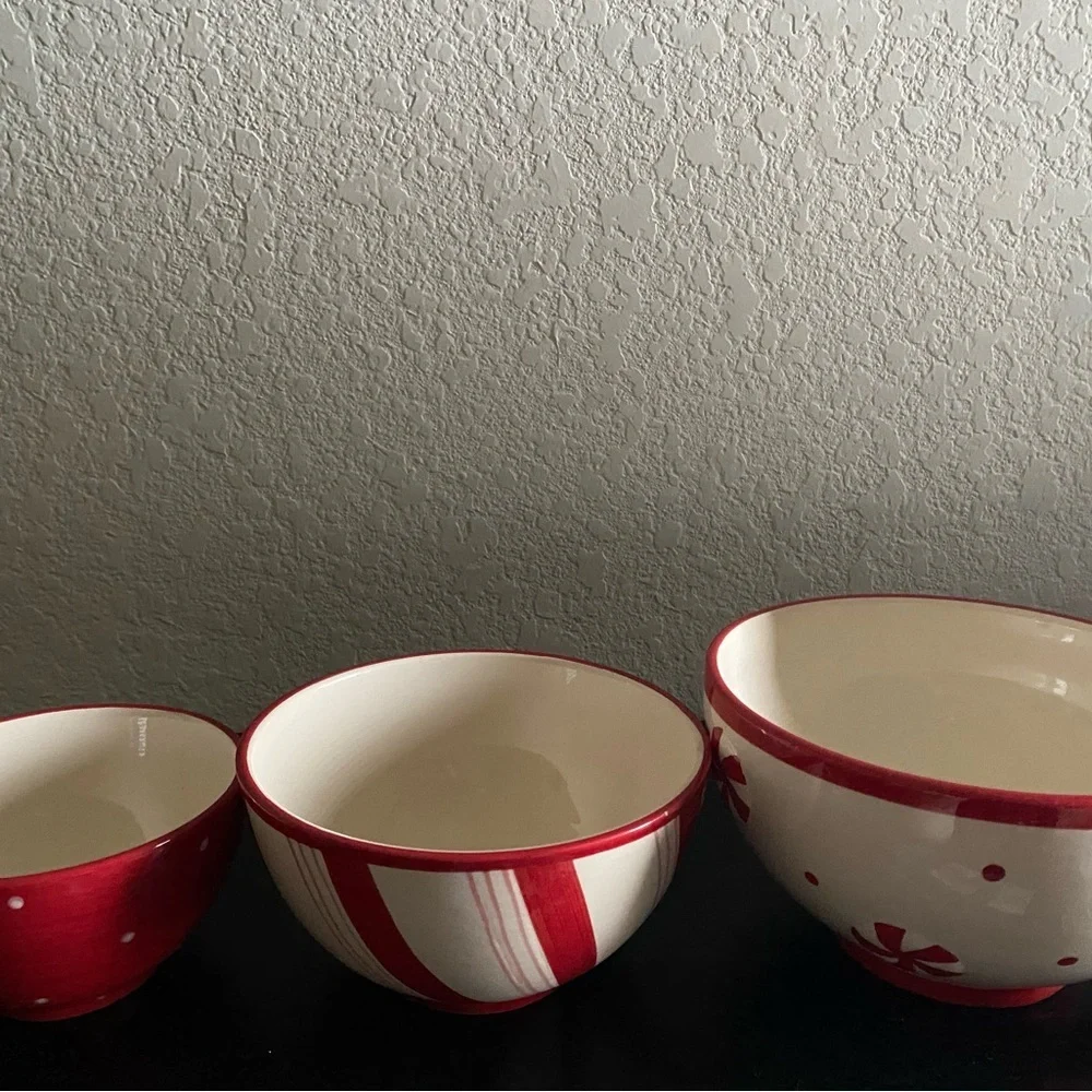 Christmas Peppermint Swirl Stripe Polka Dot Ceramic Red and White Nesting Bowls